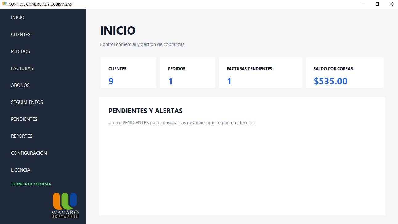 Pantalla de inicio del programa con clientes, pedidos, facturas pendientes y saldo por cobrar